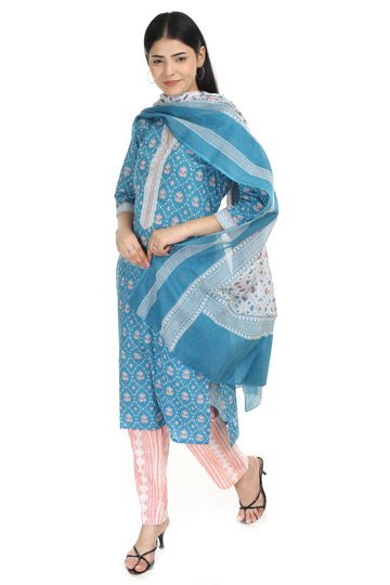 Sea green Jaipuri printed cotton suit set, with mul-mul dupatta and cotton pant
