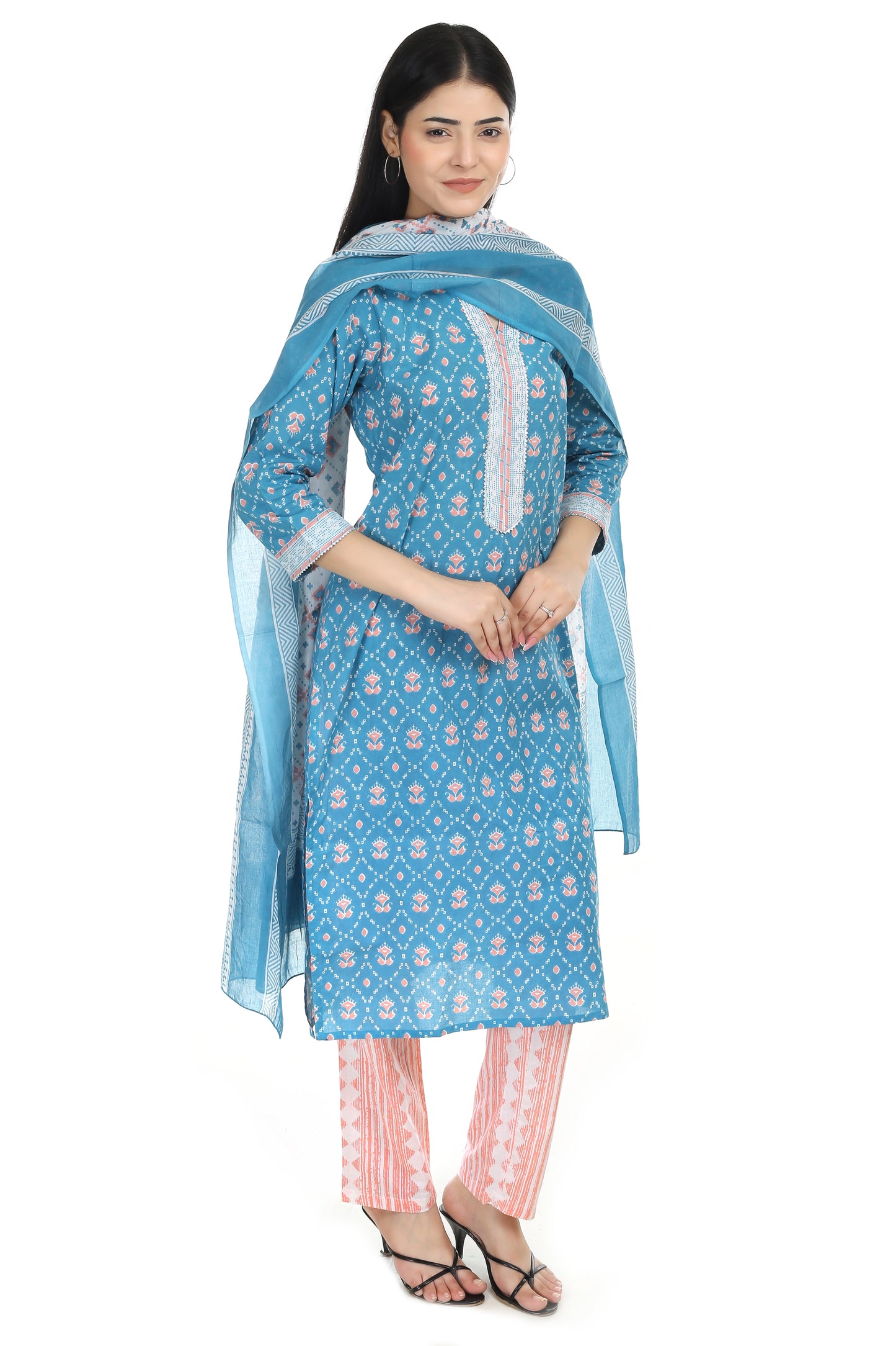 Sea green Jaipuri printed cotton suit set, with mul-mul dupatta and cotton pant