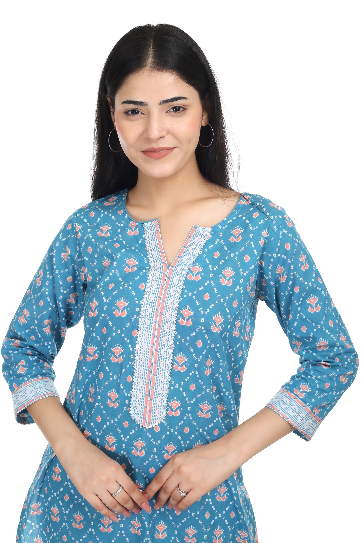 Sea green Jaipuri printed cotton suit set, with mul-mul dupatta and cotton pant