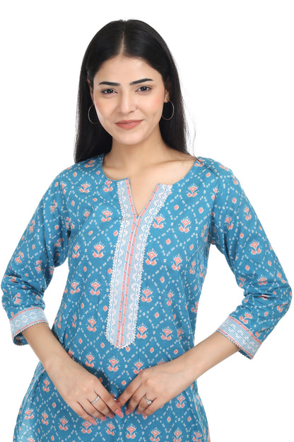 Sea green Jaipuri printed cotton suit set, with mul-mul dupatta and cotton pant