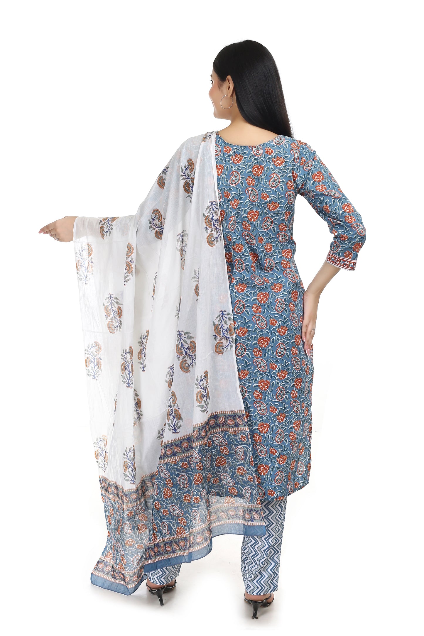 Jaipuri printed cotton suit set, with mul-mul dupatta and cotton pant