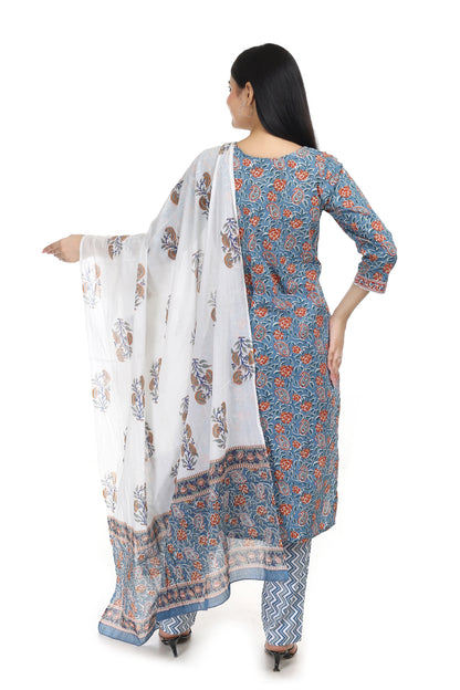 Jaipuri printed cotton suit set, with mul-mul dupatta and cotton pant