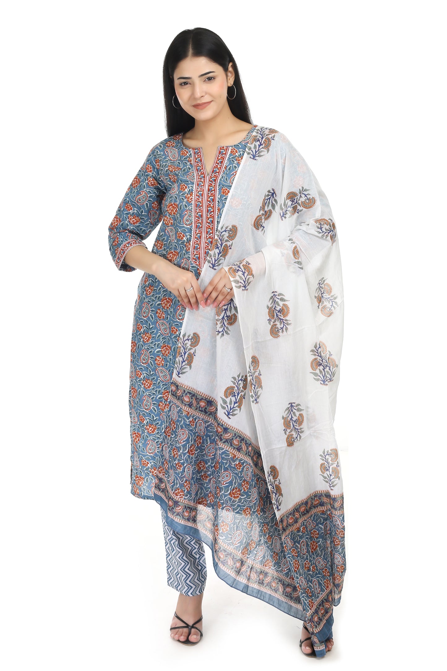 Jaipuri printed cotton suit set, with mul-mul dupatta and cotton pant