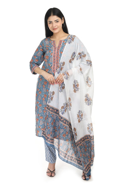 Jaipuri printed cotton suit set, with mul-mul dupatta and cotton pant