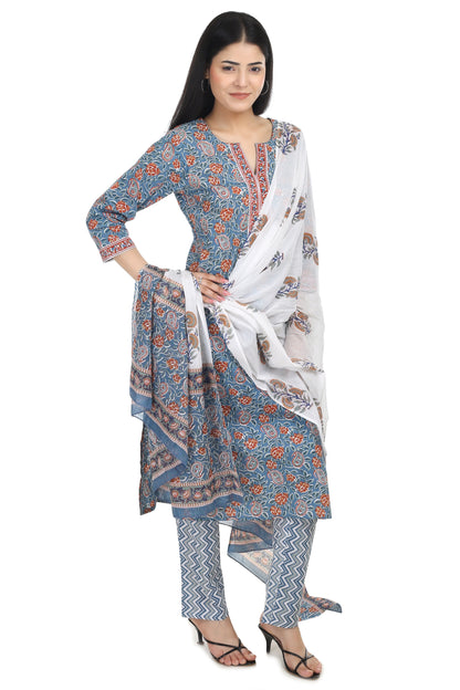 Jaipuri printed cotton suit set, with mul-mul dupatta and cotton pant