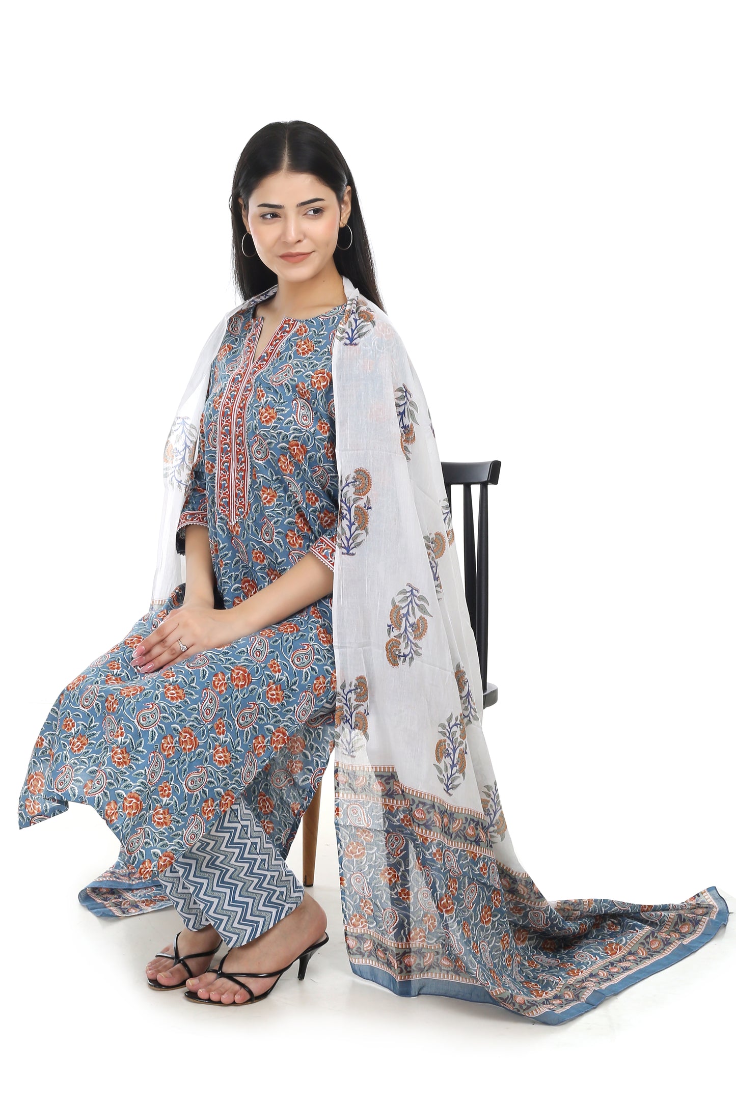 Jaipuri printed cotton suit set, with mul-mul dupatta and cotton pant