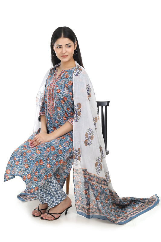 Jaipuri printed cotton suit set, with mul-mul dupatta and cotton pant