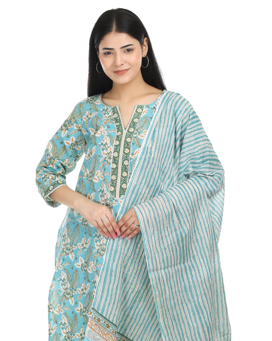 Sea Green Jaipuri Printed Cotton Suit Set with Dupatta & Cotton Pants