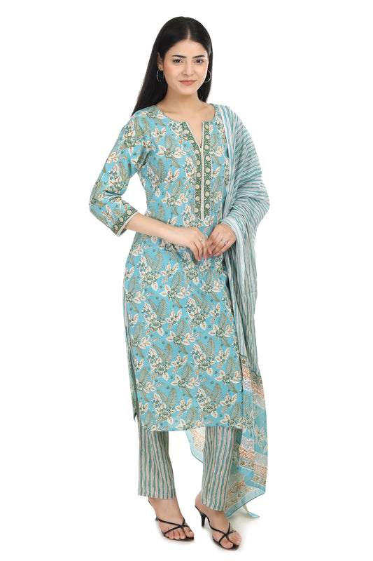 sky blue Jaipuri printed cotton suit set, with mul-mul dupatta and cotton pant