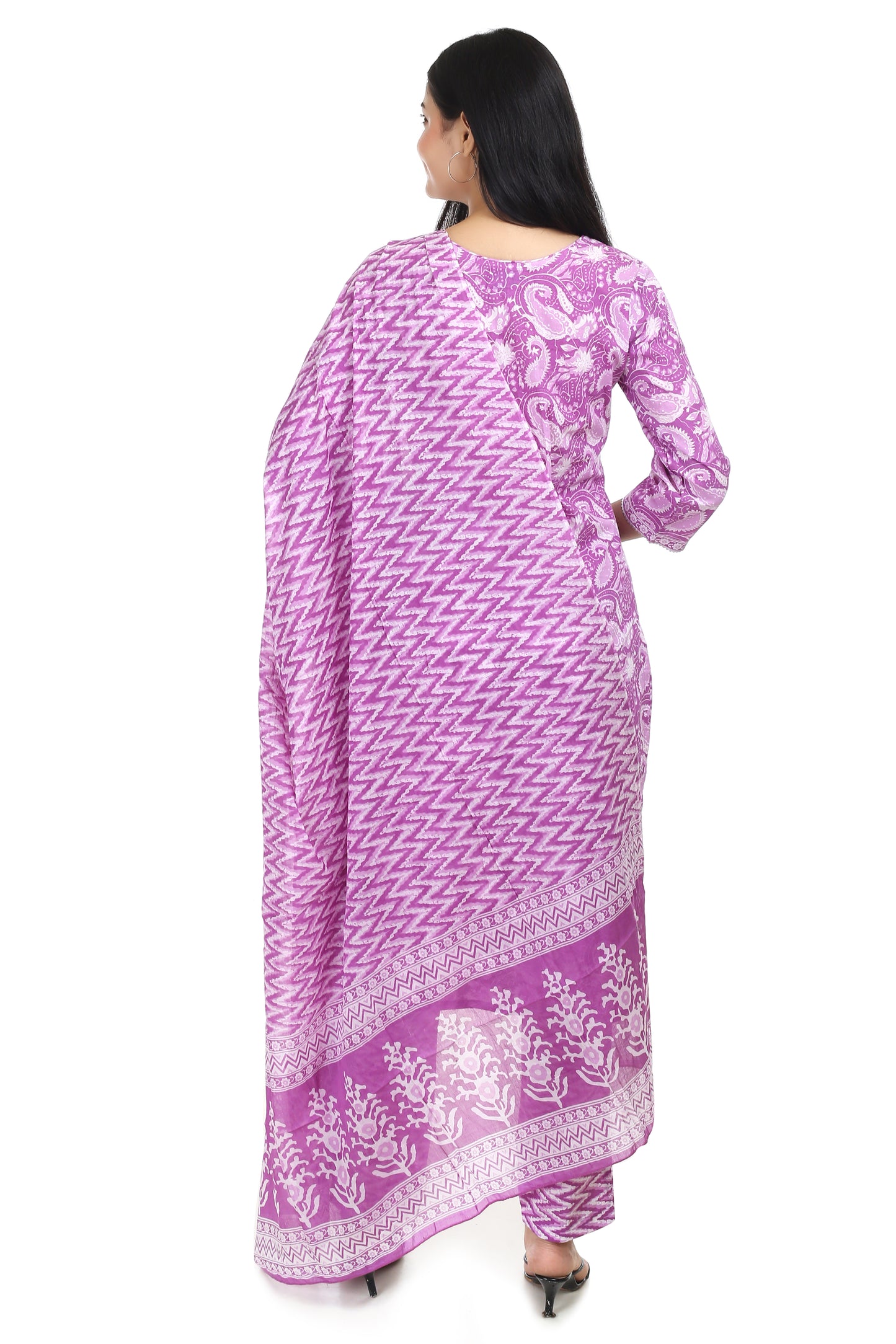 purple Jaipuri printed cotton suit set, with mul-mul dupatta and cotton pant