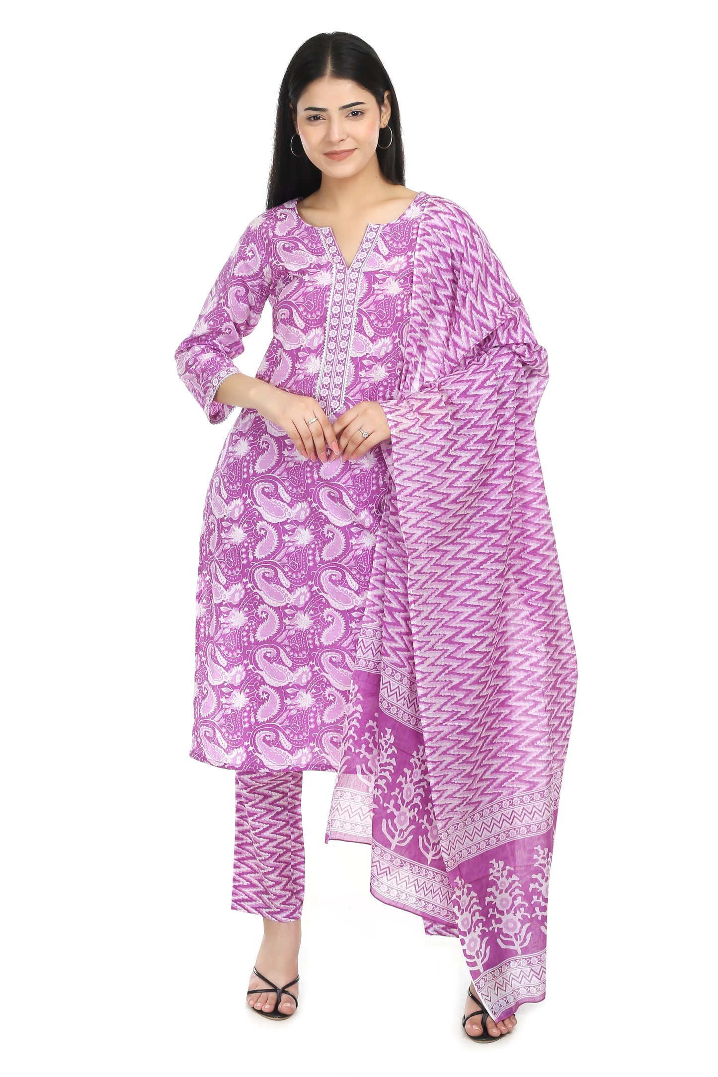 purple Jaipuri printed cotton suit set, with mul-mul dupatta and cotton pant