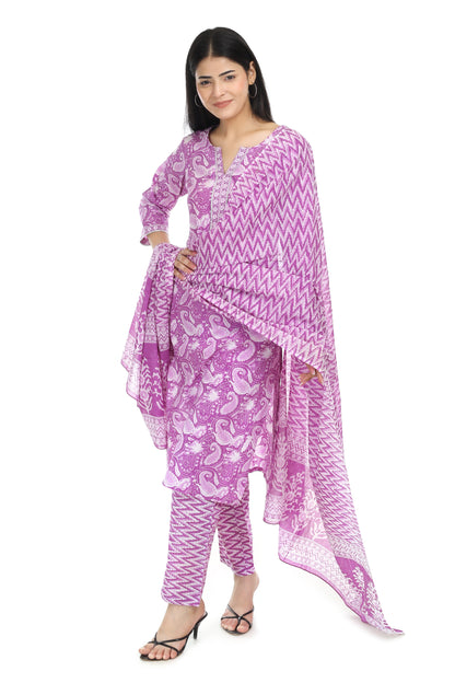 purple Jaipuri printed cotton suit set, with mul-mul dupatta and cotton pant