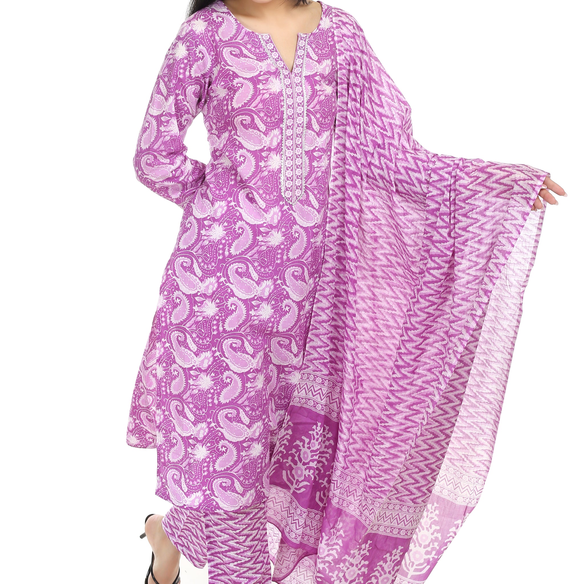 purple Jaipuri printed cotton suit set, with mul-mul dupatta and cotton pant