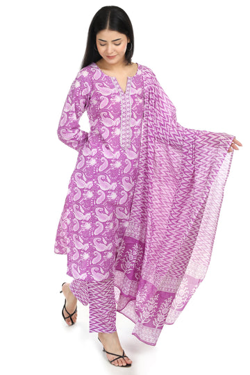 purple Jaipuri printed cotton suit set, with mul-mul dupatta and cotton pant