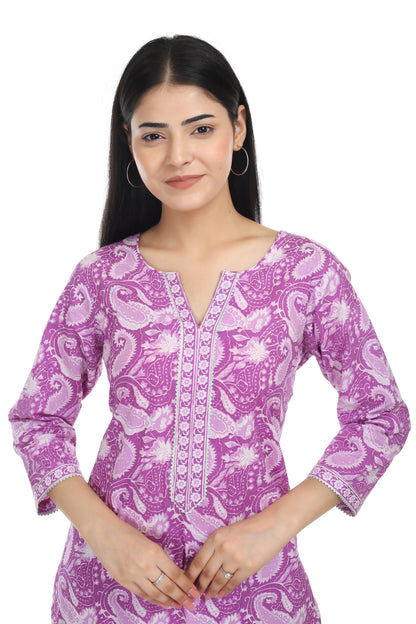 purple Jaipuri printed cotton suit set, with mul-mul dupatta and cotton pant