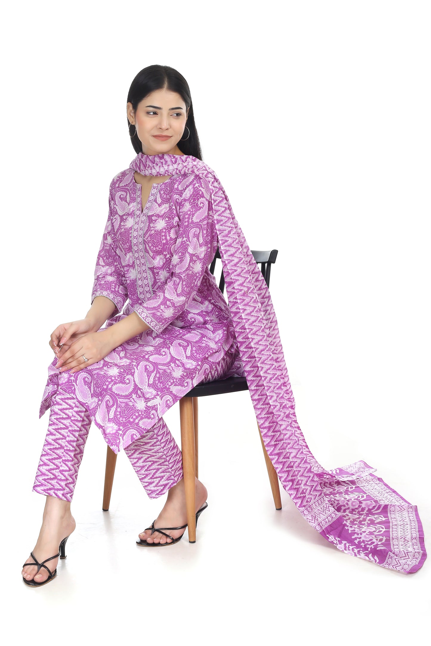 purple Jaipuri printed cotton suit set, with mul-mul dupatta and cotton pant