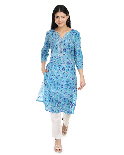 Dhriti, sky blue, straight-fitting kurta with hand embroidery around the neck