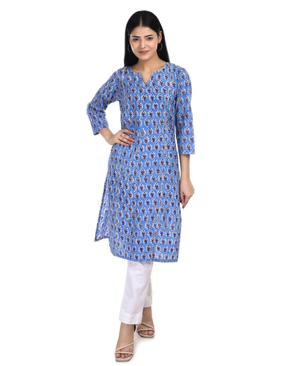 Sky blue handblocked straight fit kurta, with round v neck &  princess  cut