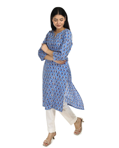 Sky blue handblocked straight fit kurta, with round v neck &  princess  cut