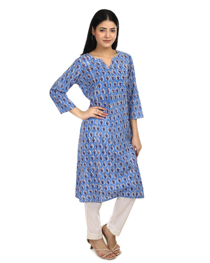 Sky blue handblocked straight fit kurta, with round v neck &  princess  cut