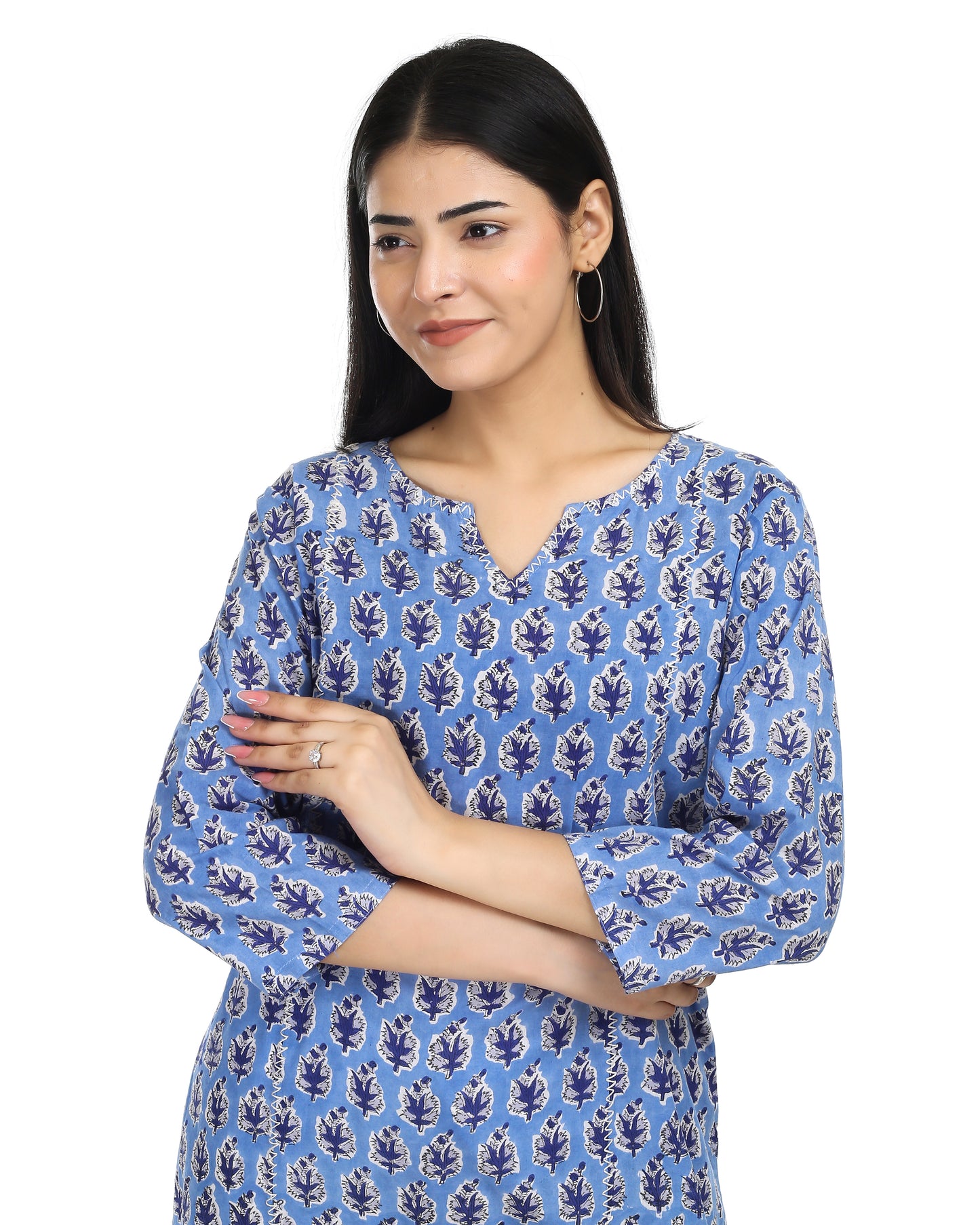 Sky blue handblocked straight fit kurta, with round v neck &  princess  cut