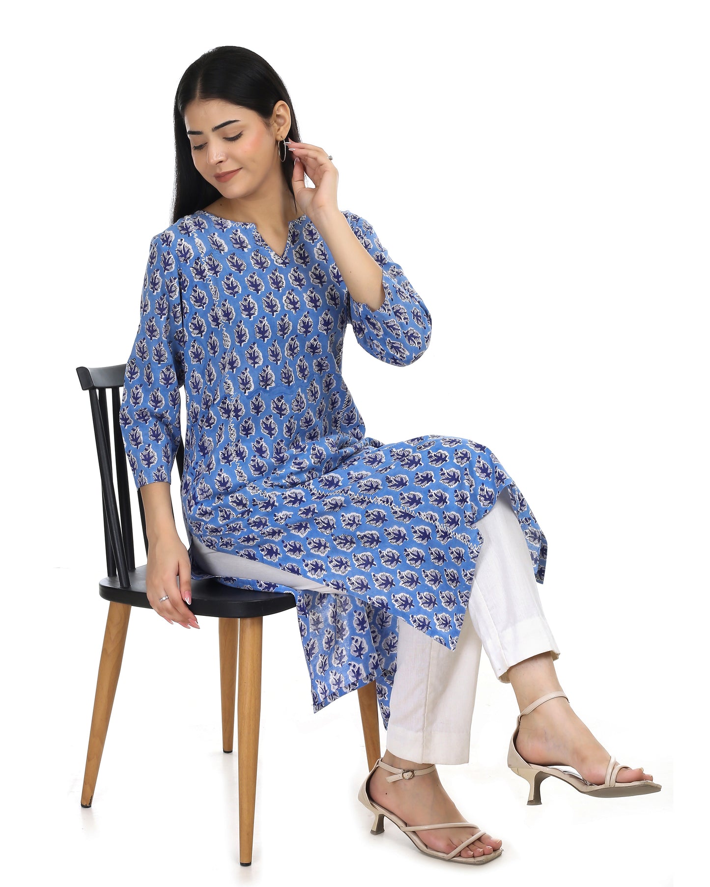 Sky blue handblocked straight fit kurta, with round v neck &  princess  cut