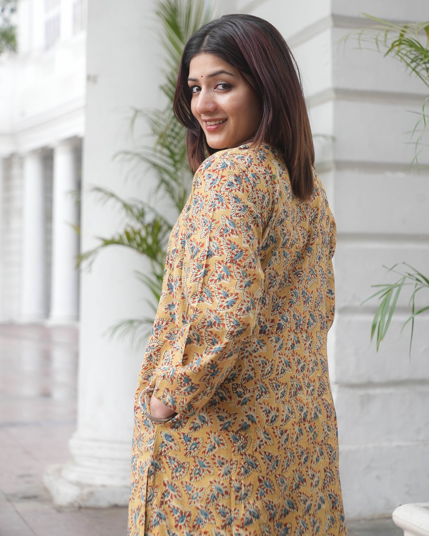 Handblock kalamkari Leaf Print Cotton Kurta  – Mustard Ethnic Everyday Wear