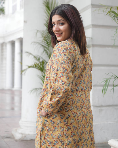 Handblock kalamkari Leaf Print Cotton Kurta  – Mustard Ethnic Everyday Wear