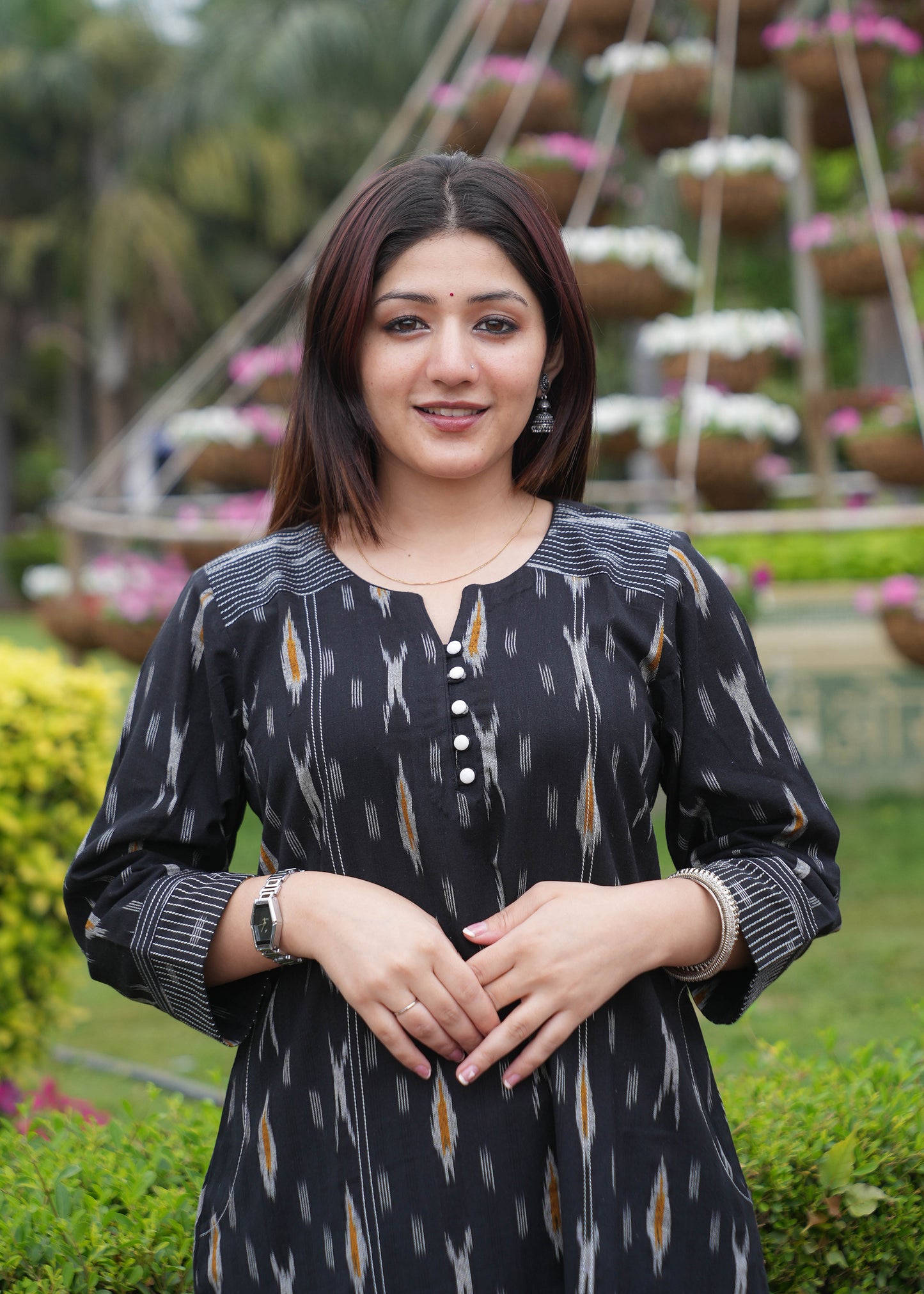 Black Handloom Ikat A-Line Kurta with Round V Neck & Loop Buttons
