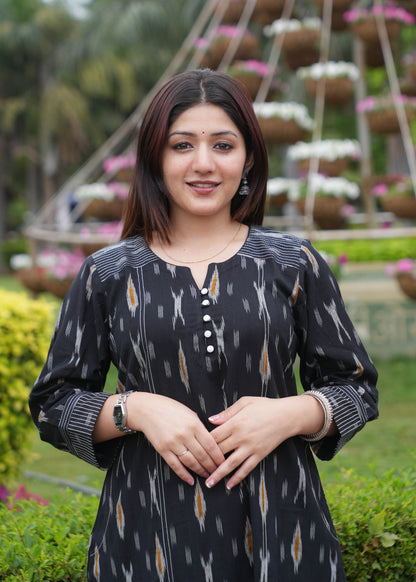 Black Handloom Ikat A-Line Kurta with Round V Neck & Loop Buttons