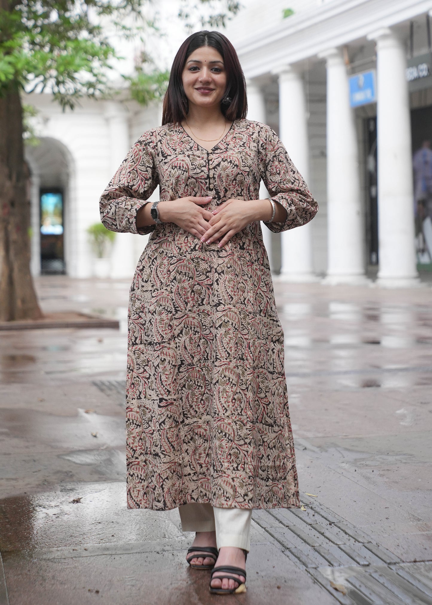 Handblock Kalamkari A-Line Cotton Kurta with Potli Buttons & Black Piping
