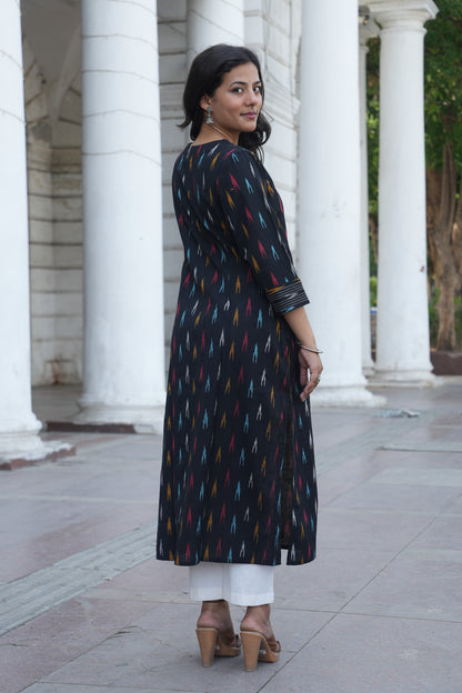 Black Handloom Ikat Cotton Kurta