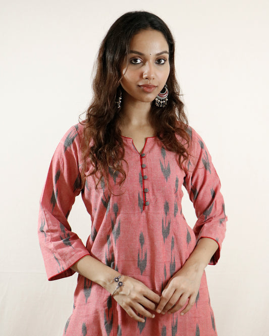 Brick Blossom Ikat Suit Set – Brick kurta with red pant & shaded dupatta (brick-red)