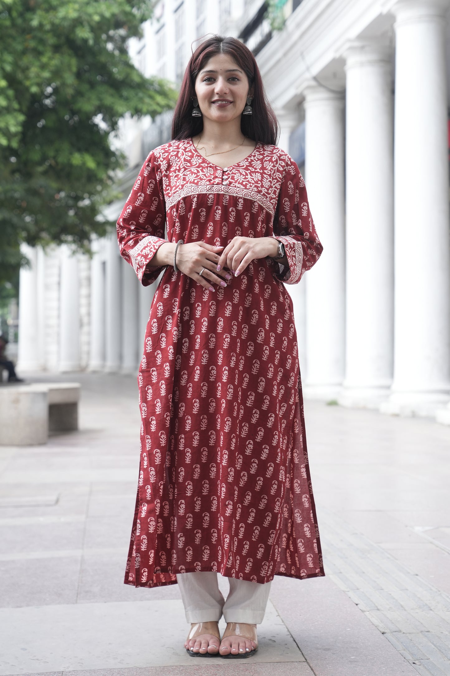 Maroon Bagh Hand Block Printed Straight Cotton Kurta for Women