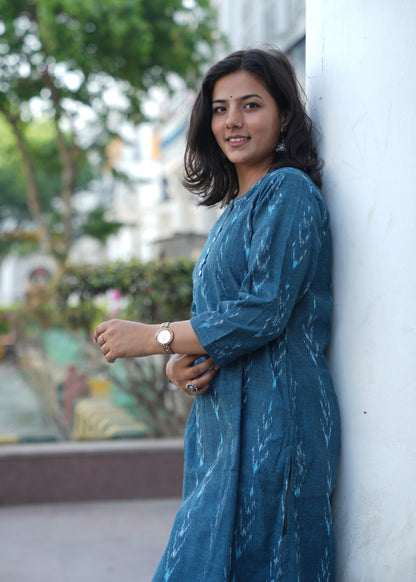 Ocean Blue Handwoven Ikat Cotton Straight Kurta for Women