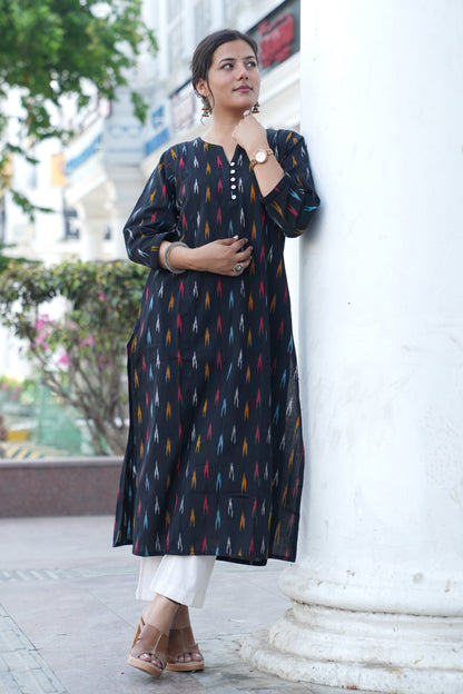 Handloom Black Ikat Straight Kurta for Women – Multicolor Woven Cotton Kurta