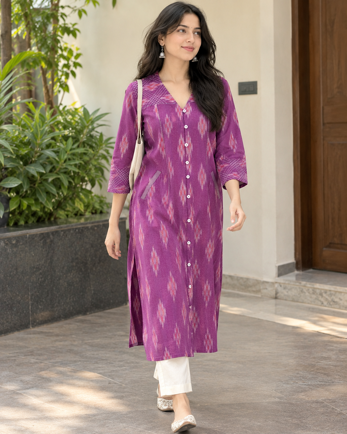 Purple Handloom Ikat Cotton Kurta with V-Neck & Contrast Stitch Detailing
