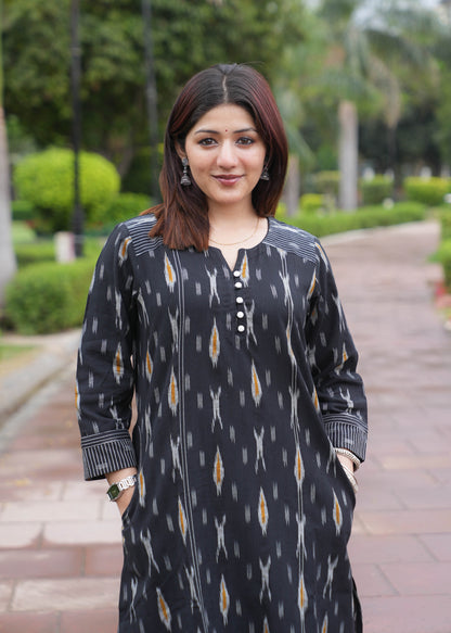 Black Handloom Ikat A-Line Kurta with Round V Neck & Loop Buttons