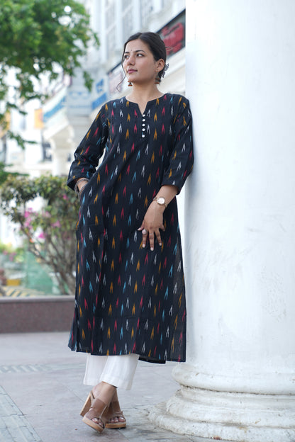 Handloom Black Ikat Straight Kurta for Women – Multicolor Woven Cotton Kurta