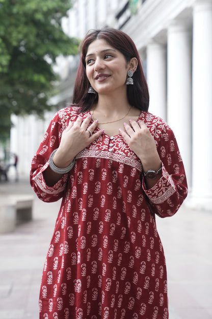 Maroon Bagh Hand Block Printed Straight Cotton Kurta for Women