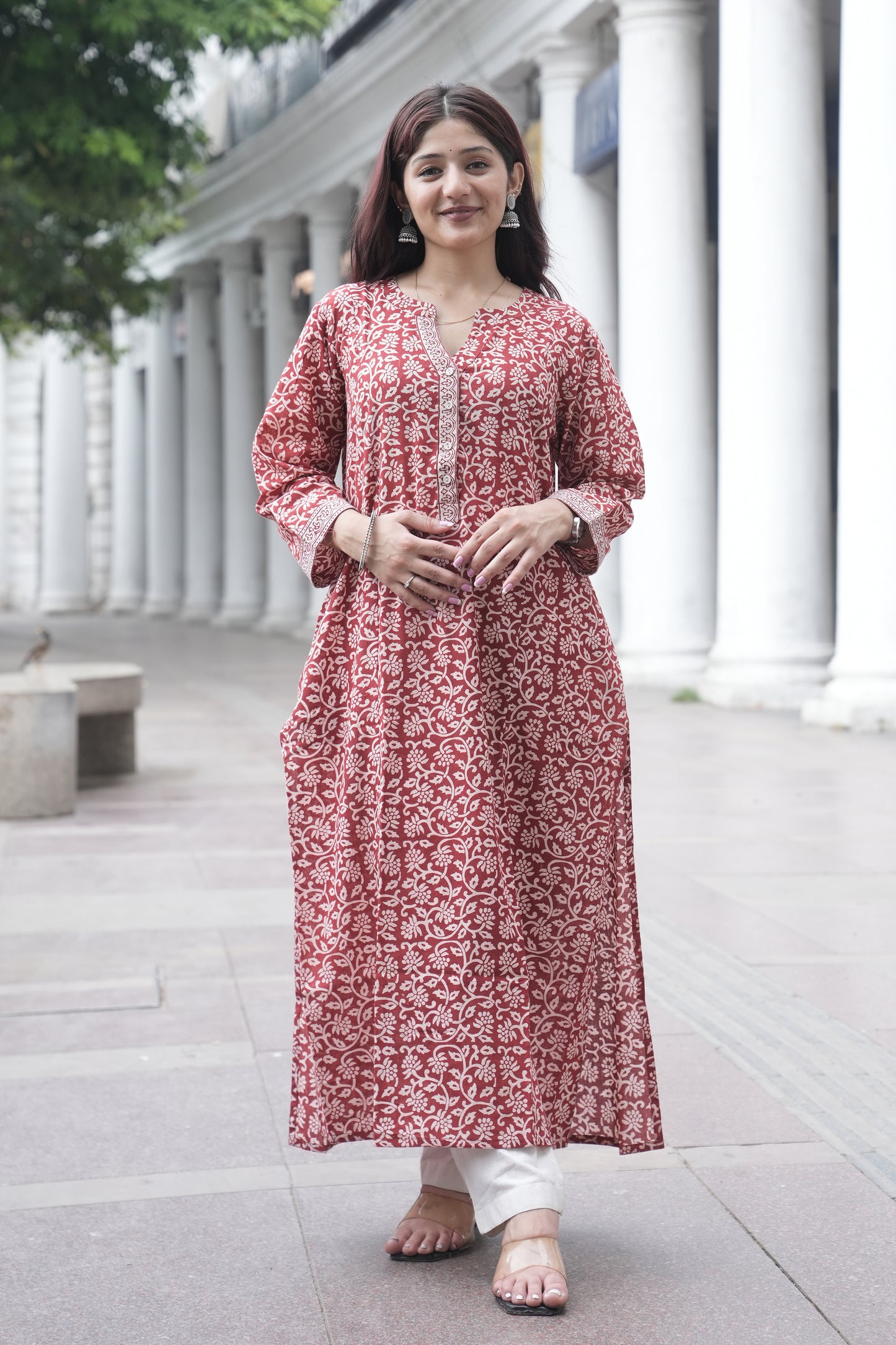 Maroon Bagh Hand Block Printed Cotton Straight Kurta for Women