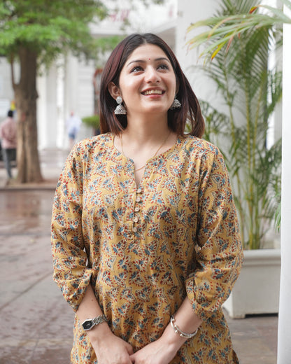 Handblock kalamkari Leaf Print Cotton Kurta  – Mustard Ethnic Everyday Wear