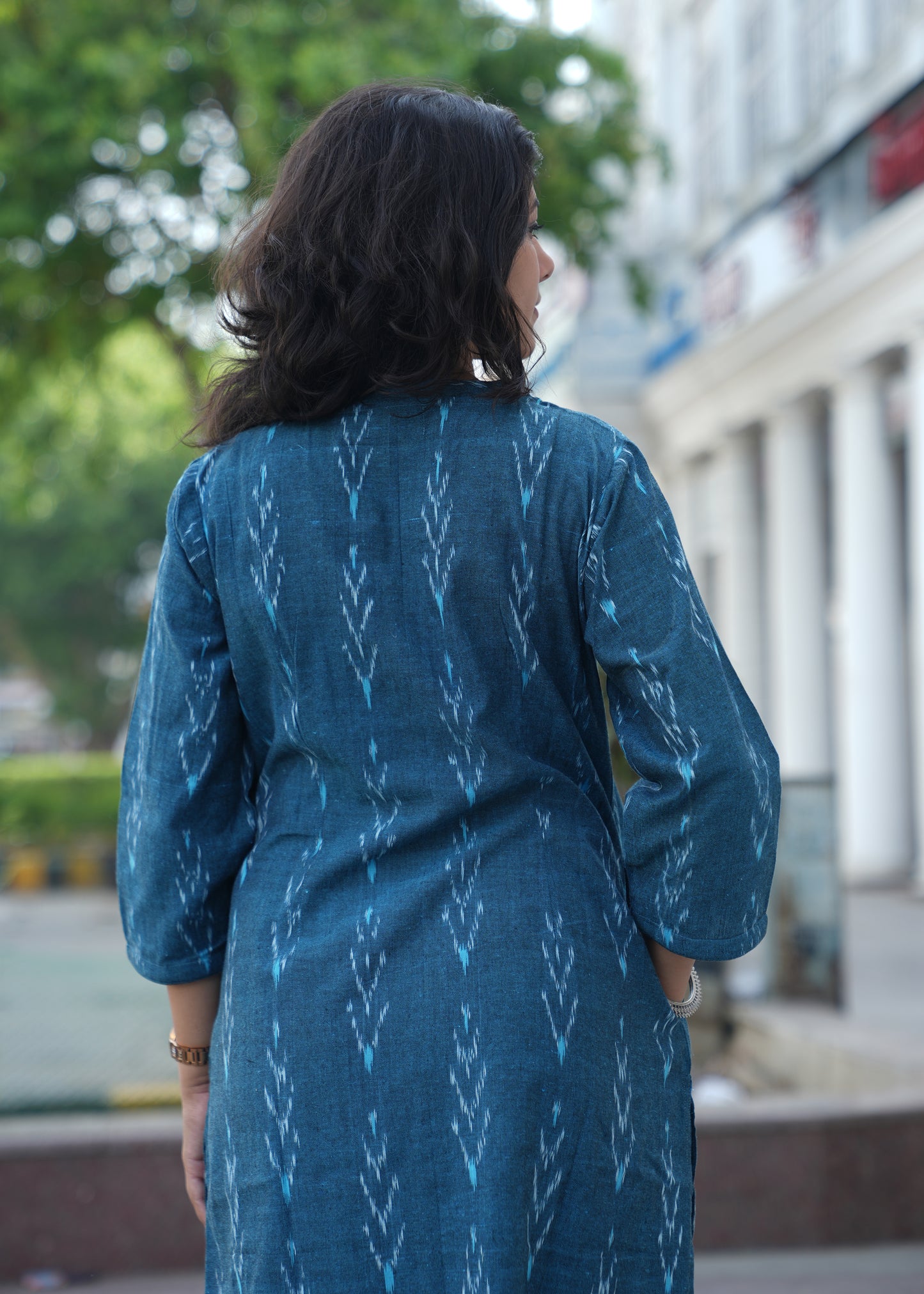 Ocean Blue Handwoven Ikat Cotton Straight Kurta for Women