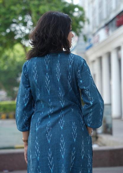 Ocean Blue Handwoven Ikat Cotton Straight Kurta for Women