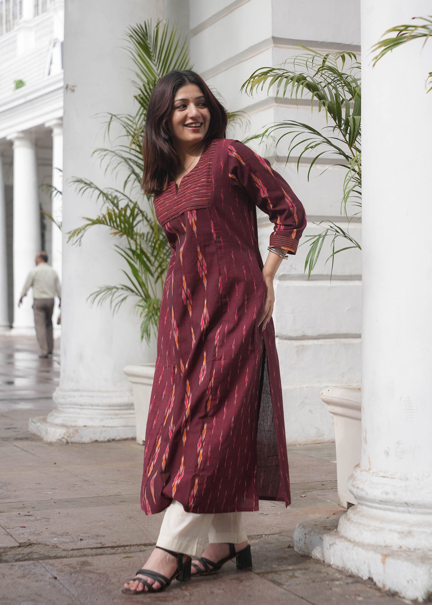 Maroon Handloom Ikat Princess Cut Kurta with Dual Print Design & Side Pockets