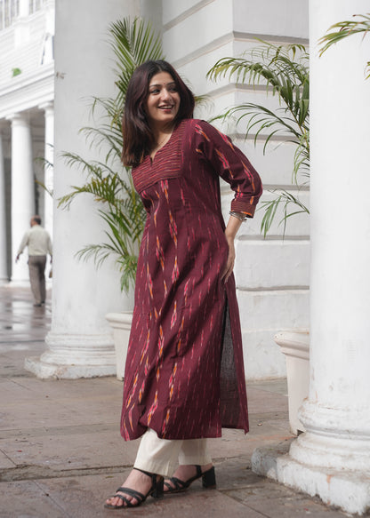 Maroon Handloom Ikat Princess Cut Kurta with Dual Print Design & Side Pockets