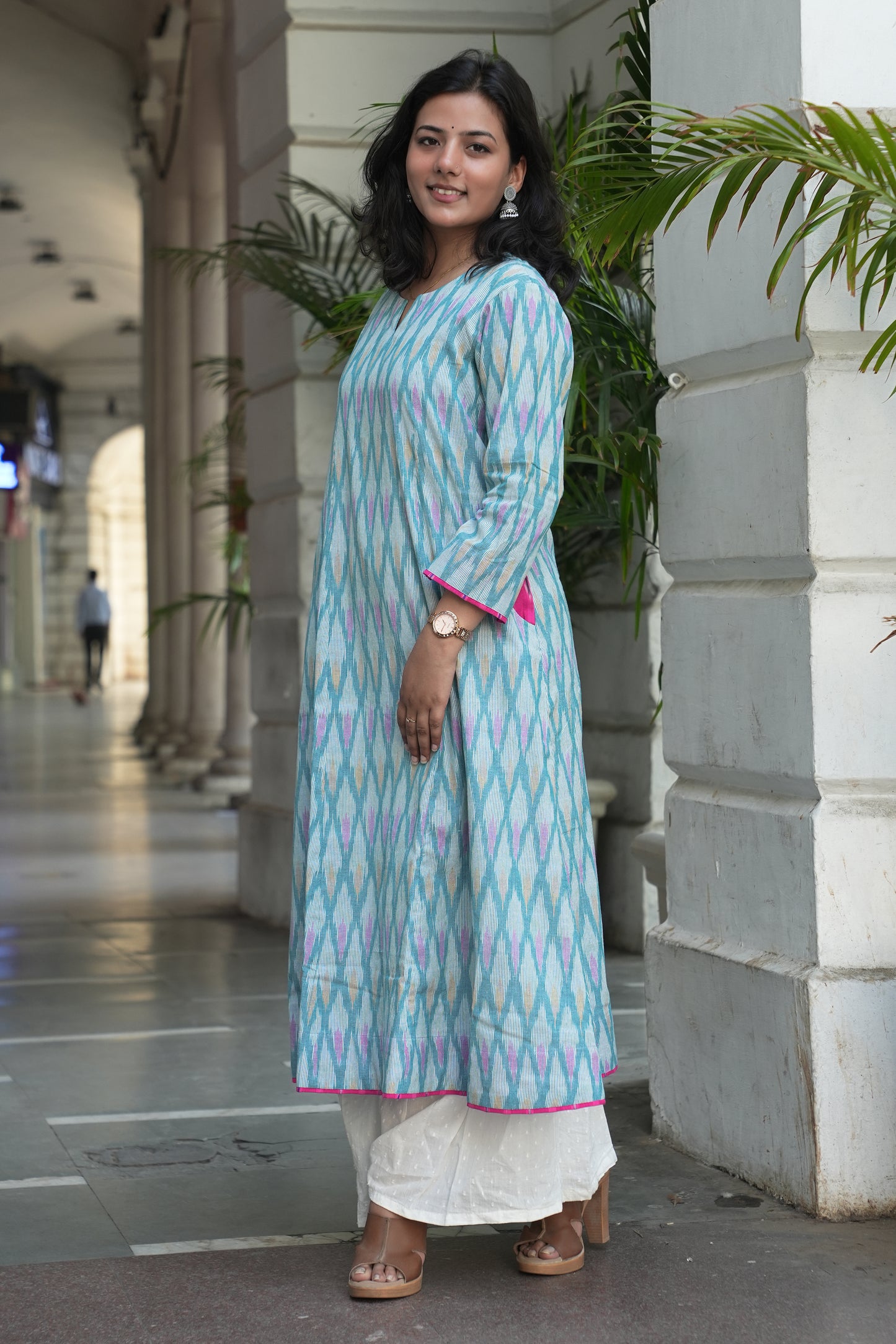 Handcrafted Pastel Ikat Long Cotton Dress