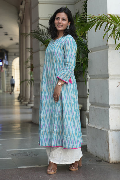 Handcrafted Pastel Ikat Long Cotton Dress