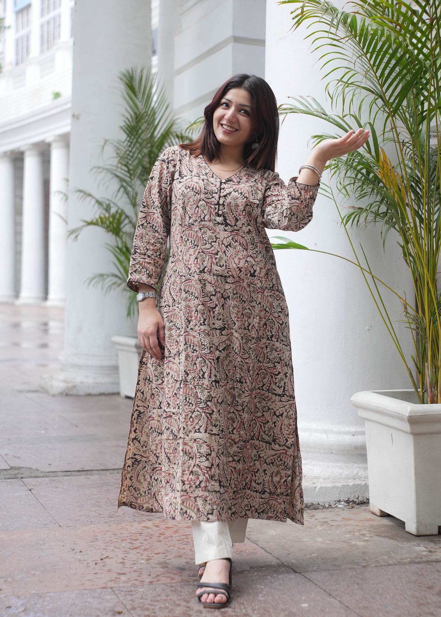 Handblock Kalamkari A-Line Cotton Kurta with Potli Buttons & Black Piping