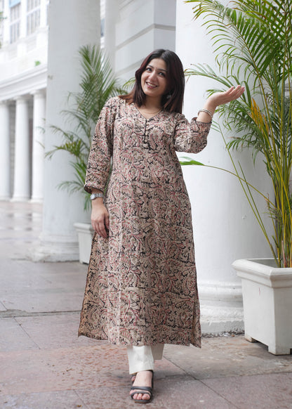 Handblock Kalamkari A-Line Cotton Kurta with Potli Buttons & Black Piping